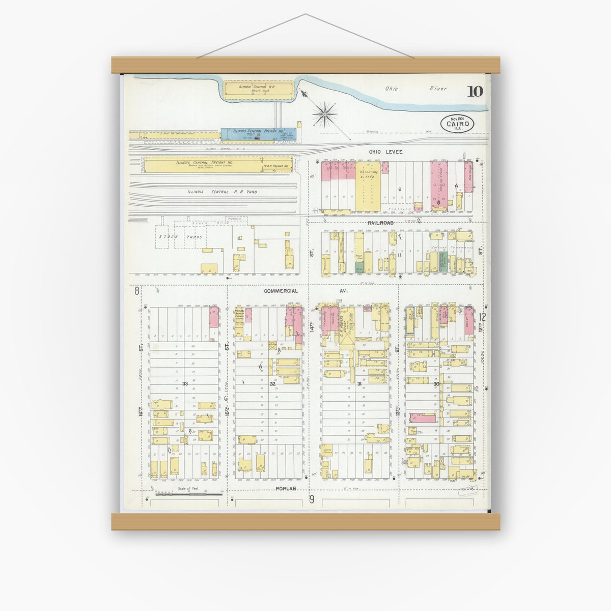 Old map wall art mockup — magnetic wood frame on white wall — Sanborn Fire Insurance Map from Cairo, Alexander County, Illinois (1901), Sheet #0010
