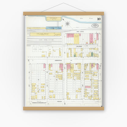 Old map wall art mockup — magnetic wood frame on white wall — Sanborn Fire Insurance Map from Cairo, Alexander County, Illinois (1901), Sheet #0010