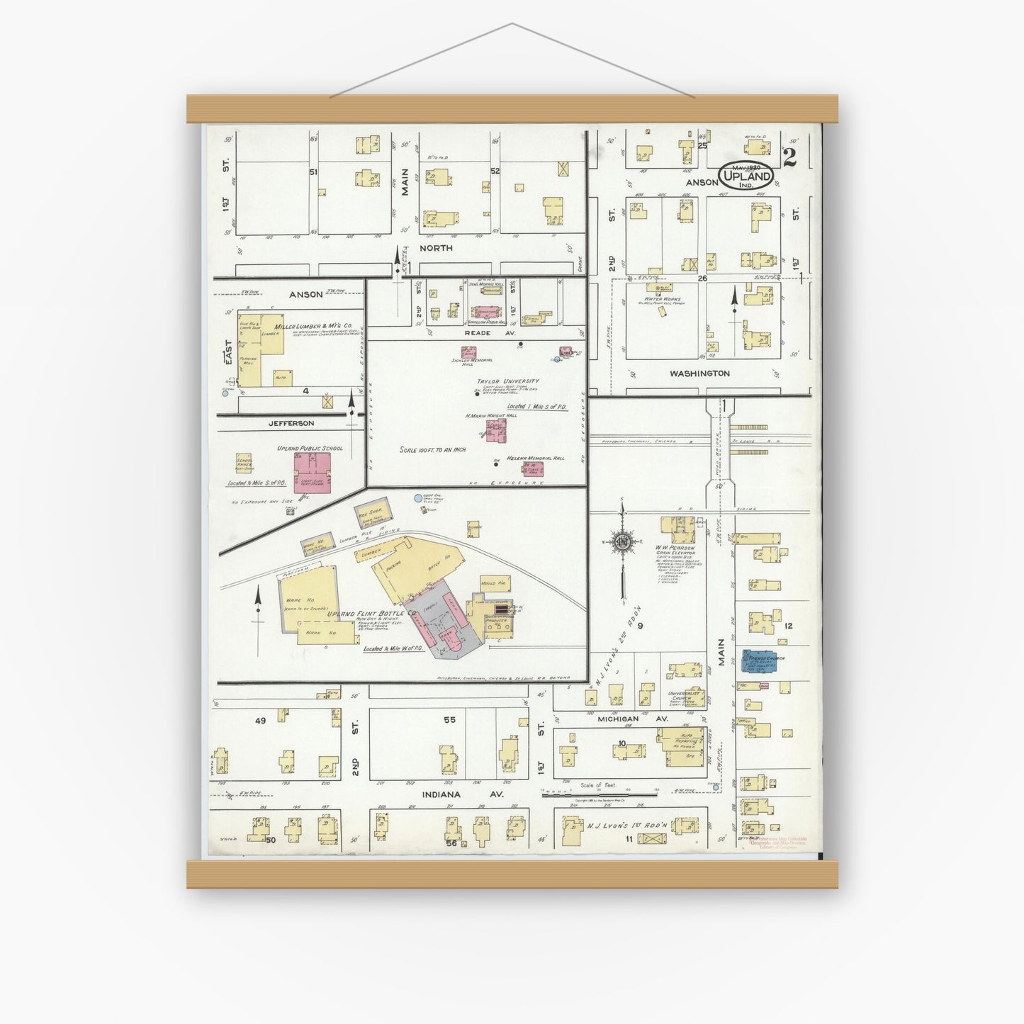 Old map wall art mockup — magnetic wood frame on white wall — Sanborn Fire Insurance Map from Upland, Grant County, Indiana (1920), Sheet #0002