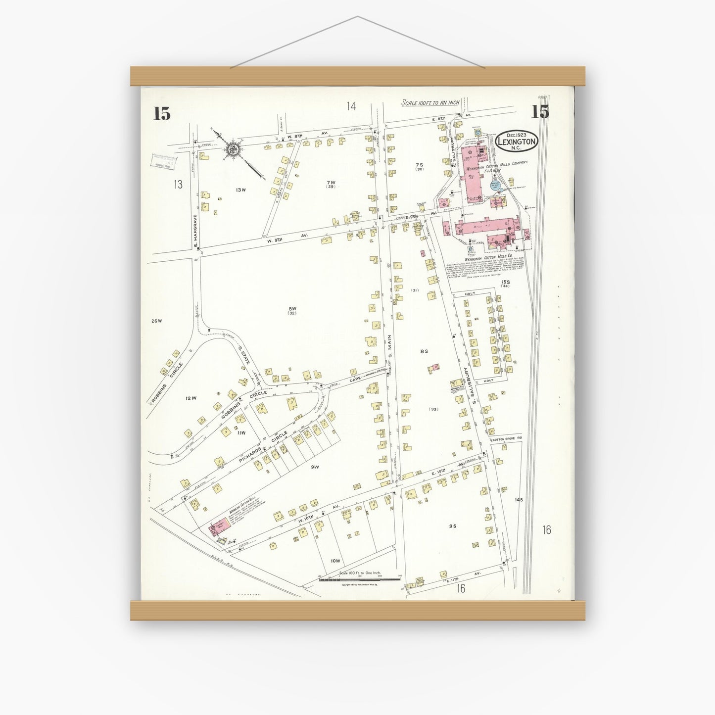 Old map wall art mockup — magnetic wood frame on white wall — Sanborn Fire Insurance Map from Lexington, Davidson County, North Carolina (1923), Sheet #0015