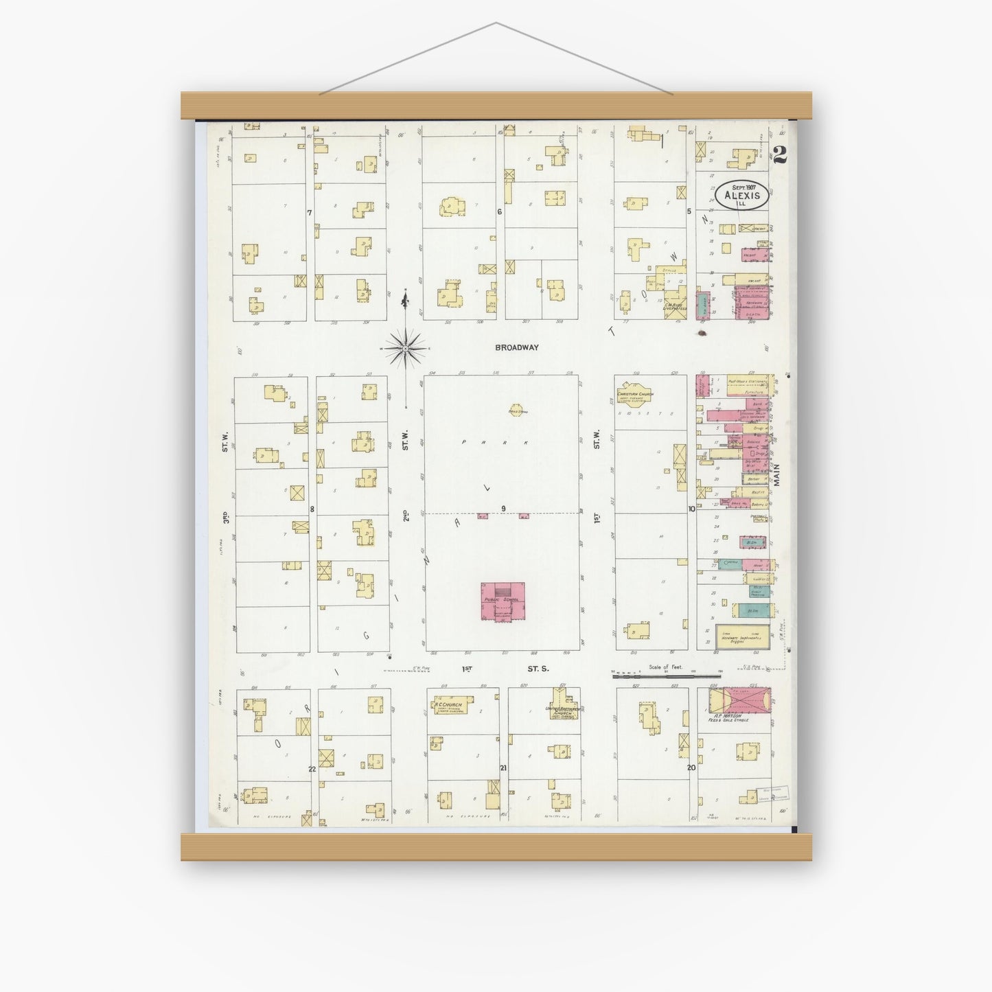 Old map wall art mockup — magnetic wood frame on white wall — Sanborn Fire Insurance Map from Alexis, Warren County, Illinois (1907), Sheet #0002