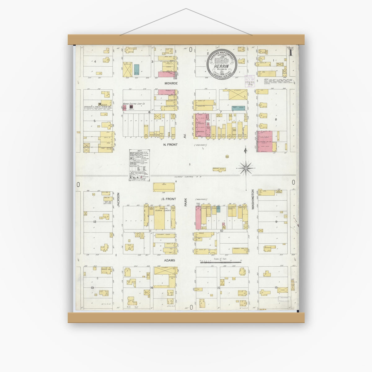 Old map wall art mockup — magnetic wood frame on white wall — Sanborn Fire Insurance Map from Herrin, Williamson County, Illinois (1902), Sheet #0001