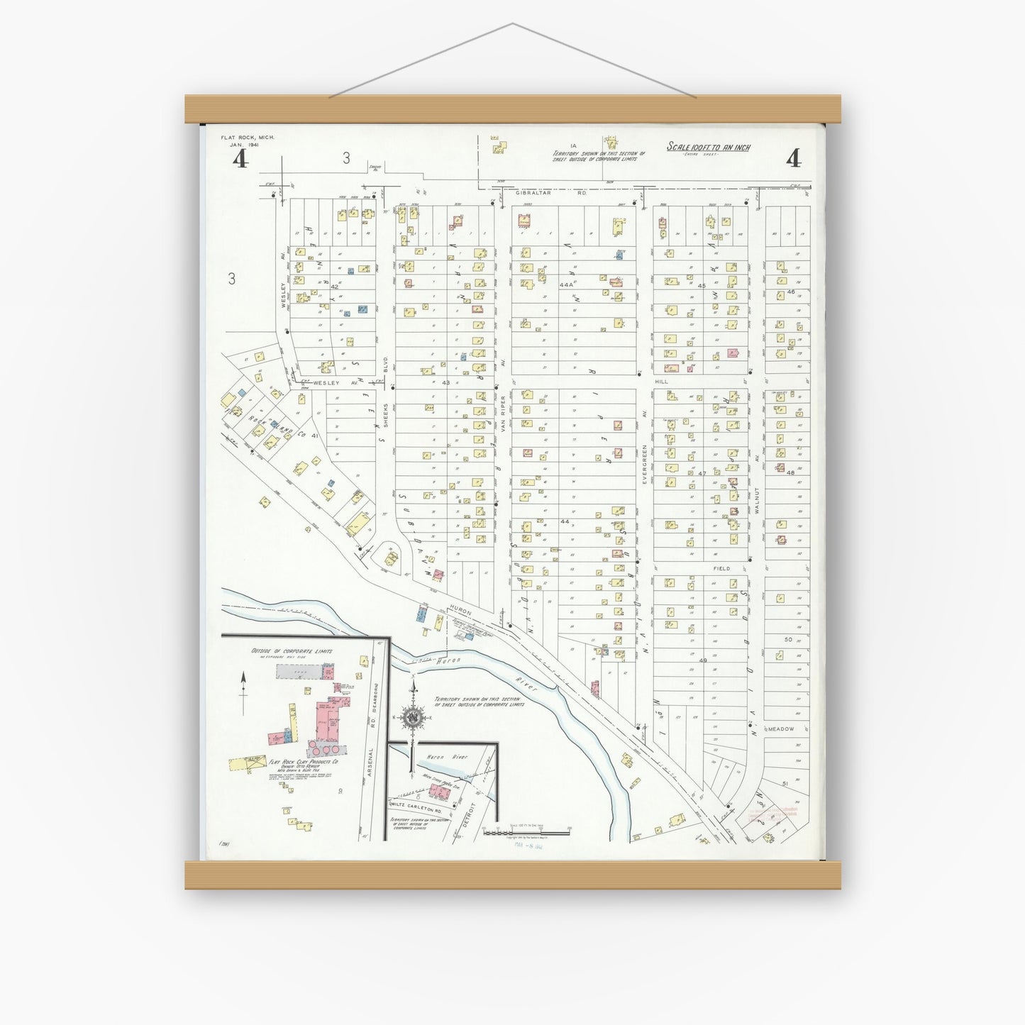 Old map wall art mockup — magnetic wood frame on white wall — Sanborn Fire Insurance Map from Flat Rock, Wayne County, Michigan (1941), Sheet #0004