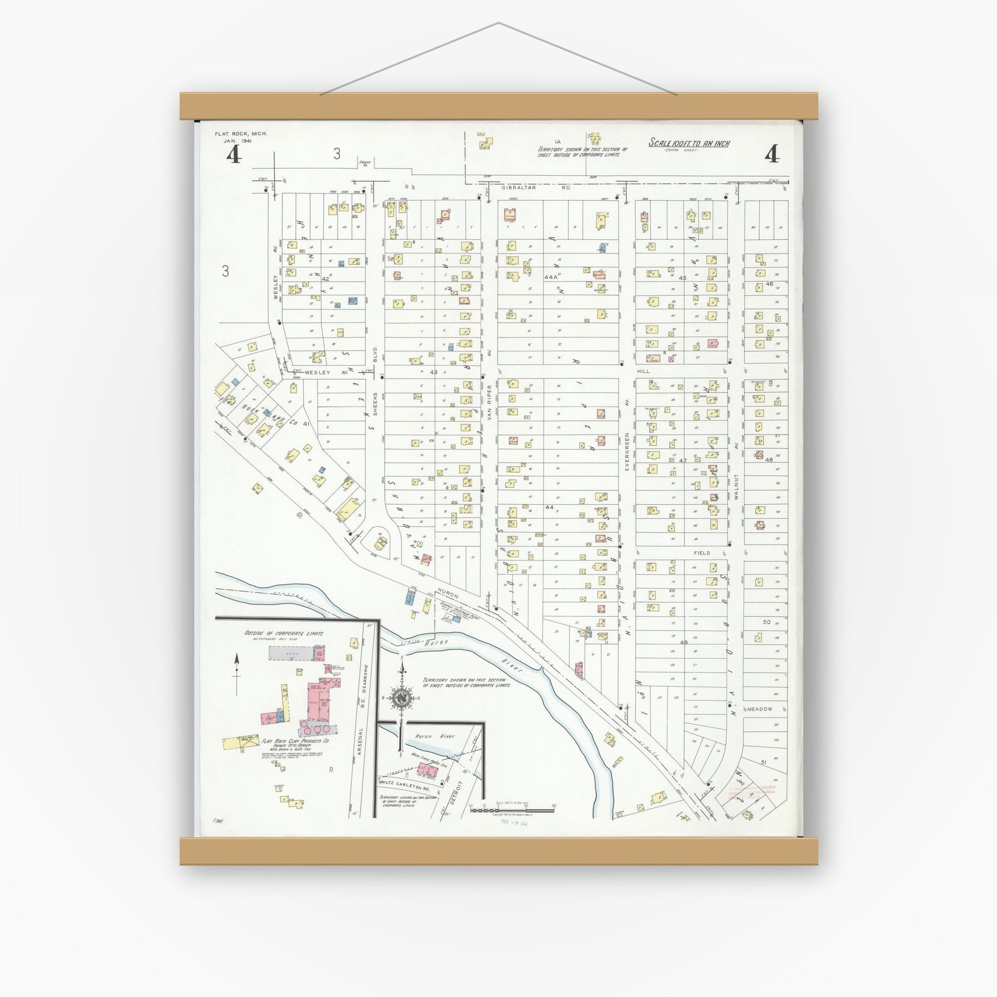 Old map wall art mockup — magnetic wood frame on white wall — Sanborn Fire Insurance Map from Flat Rock, Wayne County, Michigan (1941), Sheet #0004