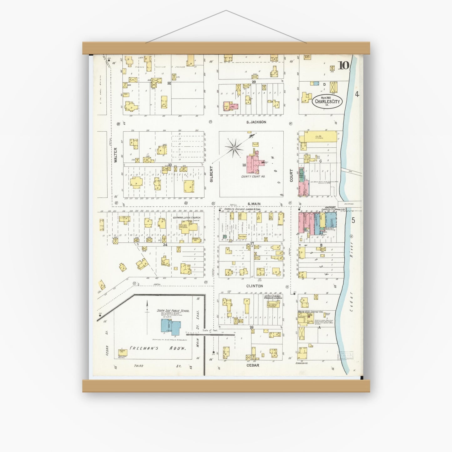 Old map wall art mockup — magnetic wood frame on white wall — Sanborn Fire Insurance Map from Charles City, Floyd County, Iowa (1902), Sheet #0010