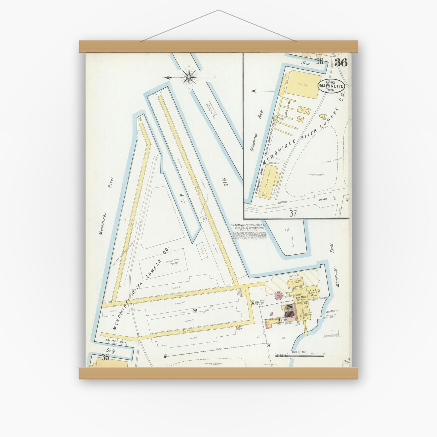 Old map wall art mockup — magnetic wood frame on white wall — Sanborn Fire Insurance Map from Marinette, Marinette County, Wisconsin (1901), Sheet #0036