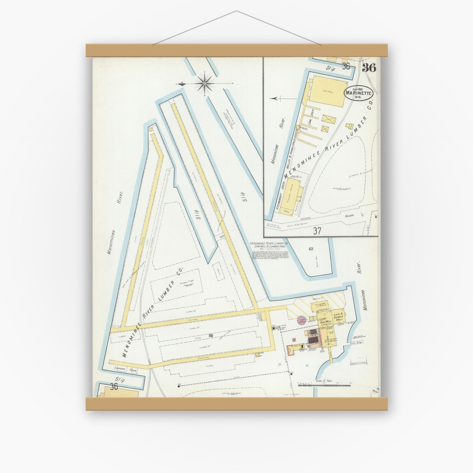 Old map wall art mockup — magnetic wood frame on white wall — Sanborn Fire Insurance Map from Marinette, Marinette County, Wisconsin (1901), Sheet #0036