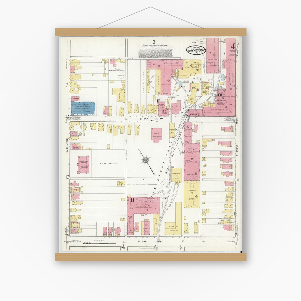 Old map wall art mockup — magnetic wood frame on white wall — Sanborn Fire Insurance Map from Waynesboro, Franklin County, Pennsylvania (1916), Sheet #0004