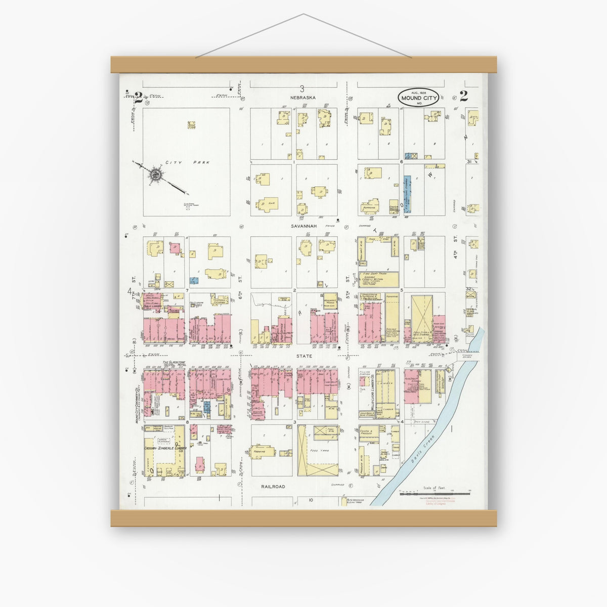Old map wall art mockup — magnetic wood frame on white wall — Sanborn Fire Insurance Map from Mound City, Holt County, Missouri (1928), Sheet #0002