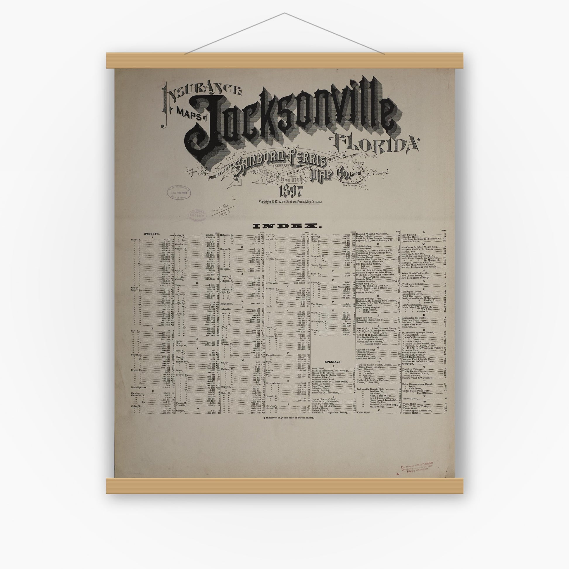 Old map wall art mockup — magnetic wood frame on white wall — Sanborn Fire Insurance Map from Jacksonville, Duval County, Florida (1897), Sheet #0001