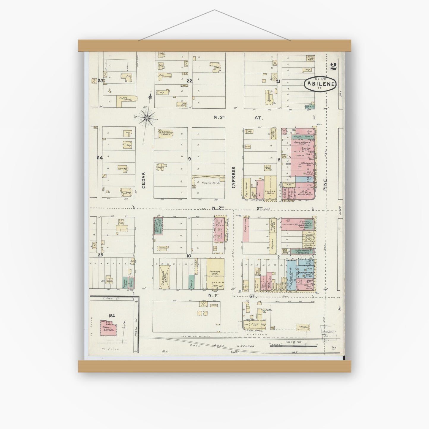 Old map wall art mockup — magnetic wood frame on white wall — Sanborn Fire Insurance Map from Abilene, Taylor County, Texas (1891), Sheet #0002