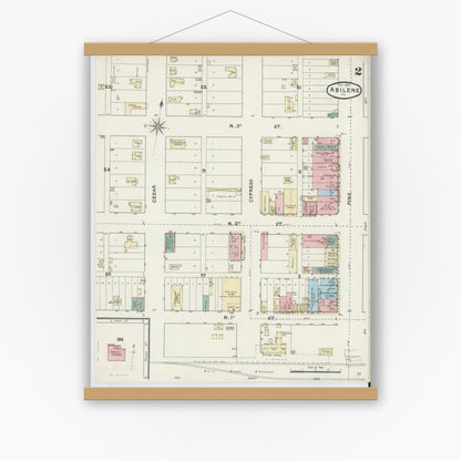 Old map wall art mockup — magnetic wood frame on white wall — Sanborn Fire Insurance Map from Abilene, Taylor County, Texas (1891), Sheet #0002
