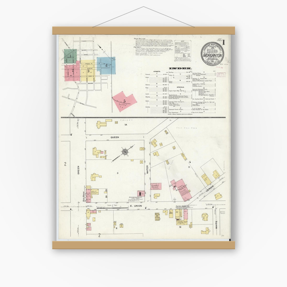 Old map wall art mockup — magnetic wood frame on white wall — Sanborn Fire Insurance Map from Morganton, Burke County, North Carolina (1910) - Complete Map Set