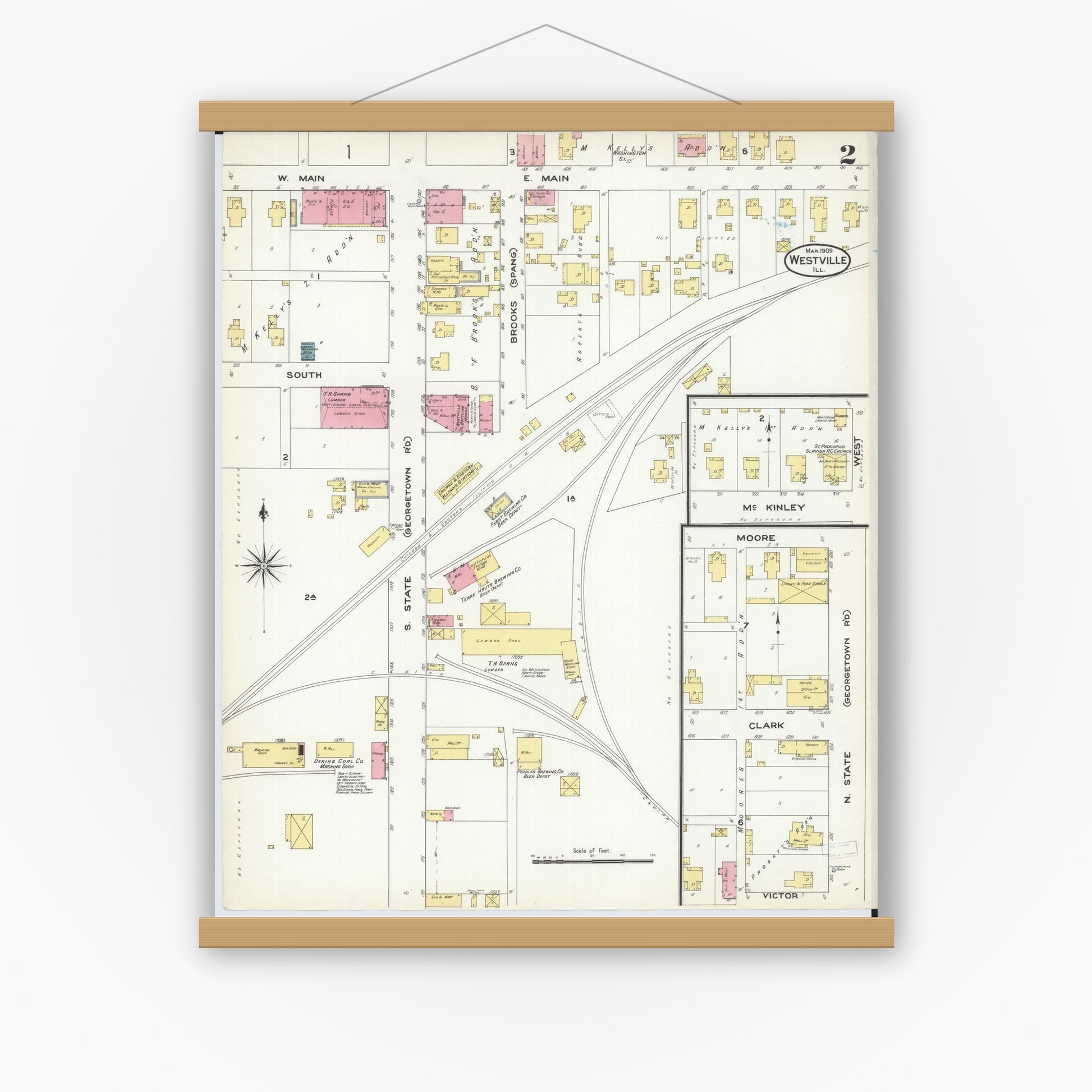 Old map wall art mockup — magnetic wood frame on white wall — Sanborn Fire Insurance Map from Westville, Vermilion County, Illinois (1909), Sheet #0002