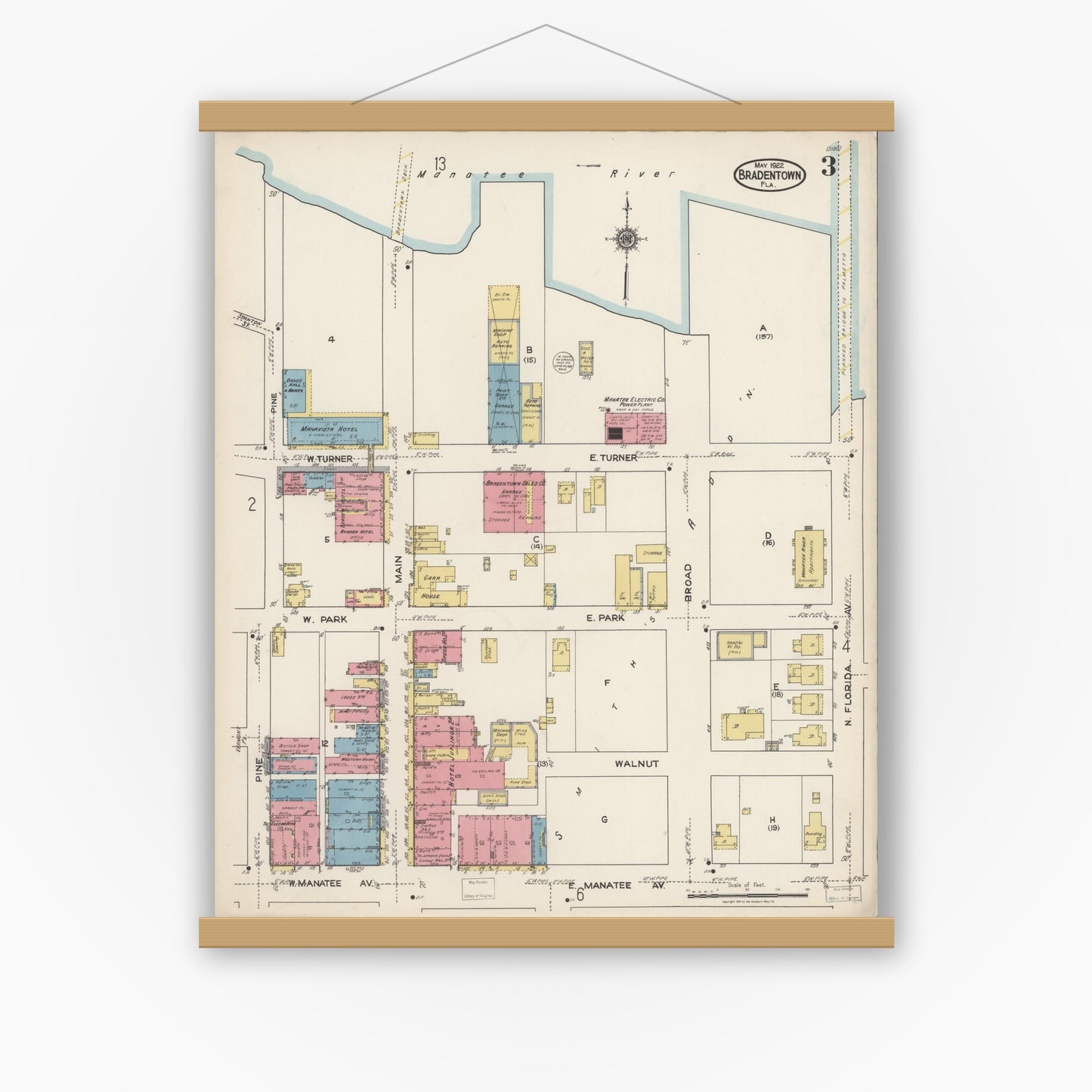 Old map wall art mockup — magnetic wood frame on white wall — Sanborn Fire Insurance Map from Bradentown, Manatee County, Florida (1922), Sheet #0003