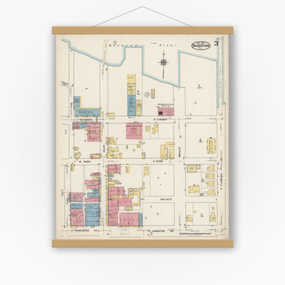Old map wall art mockup — magnetic wood frame on white wall — Sanborn Fire Insurance Map from Bradentown, Manatee County, Florida (1922), Sheet #0003