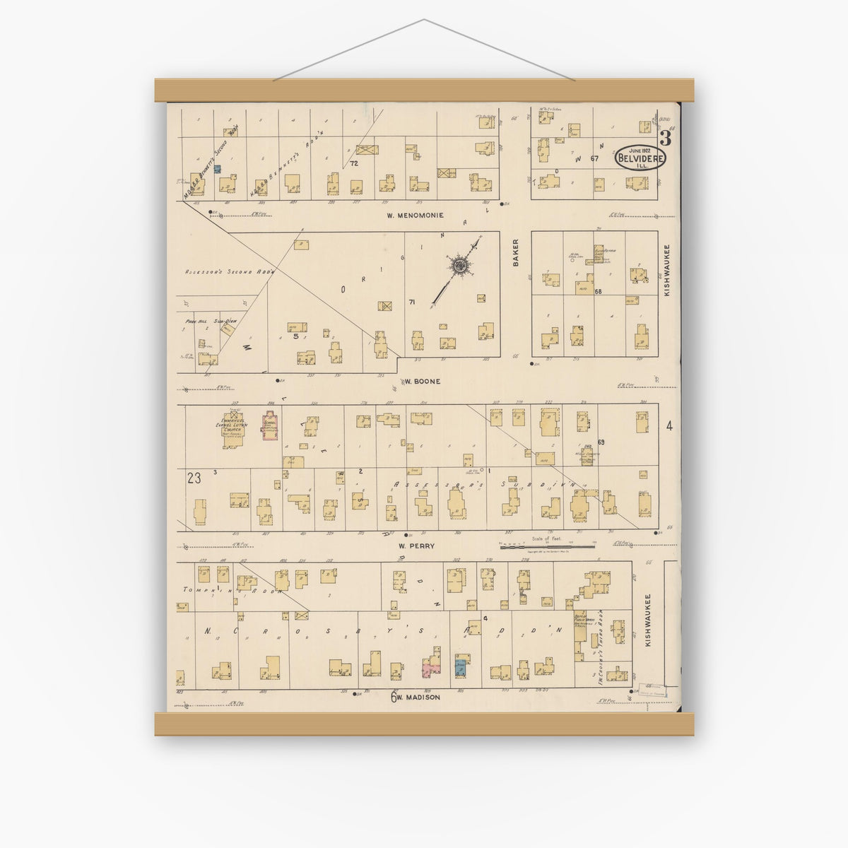 Old map wall art mockup — magnetic wood frame on white wall — Sanborn Fire Insurance Map from Belvidere, Boone County, Illinois (1922), Sheet #0003