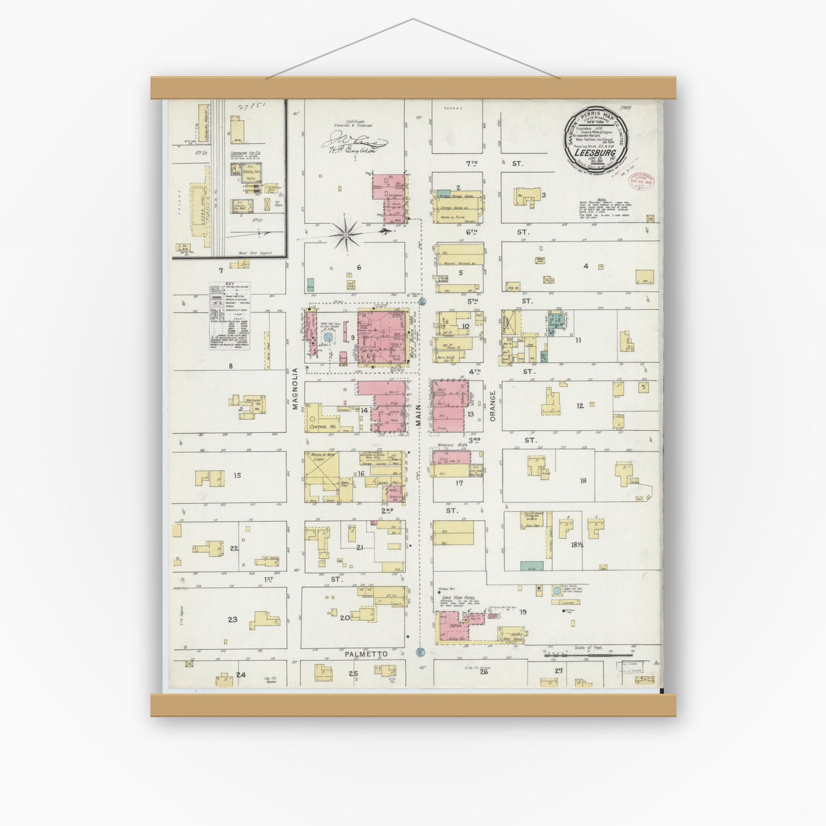 Old map wall art mockup — magnetic wood frame on white wall — Sanborn Fire Insurance Map from Leesburg, Lake County, Florida (1895), Sheet #0001