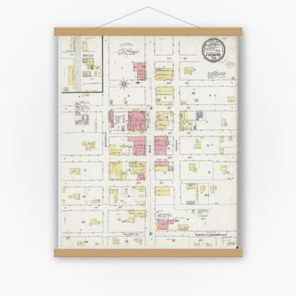 Old map wall art mockup — magnetic wood frame on white wall — Sanborn Fire Insurance Map from Leesburg, Lake County, Florida (1895), Sheet #0001