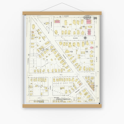 Old map wall art mockup — magnetic wood frame on white wall — Sanborn Fire Insurance Map from Ann Arbor, Washtenaw County, Michigan (1916), Sheet #0020