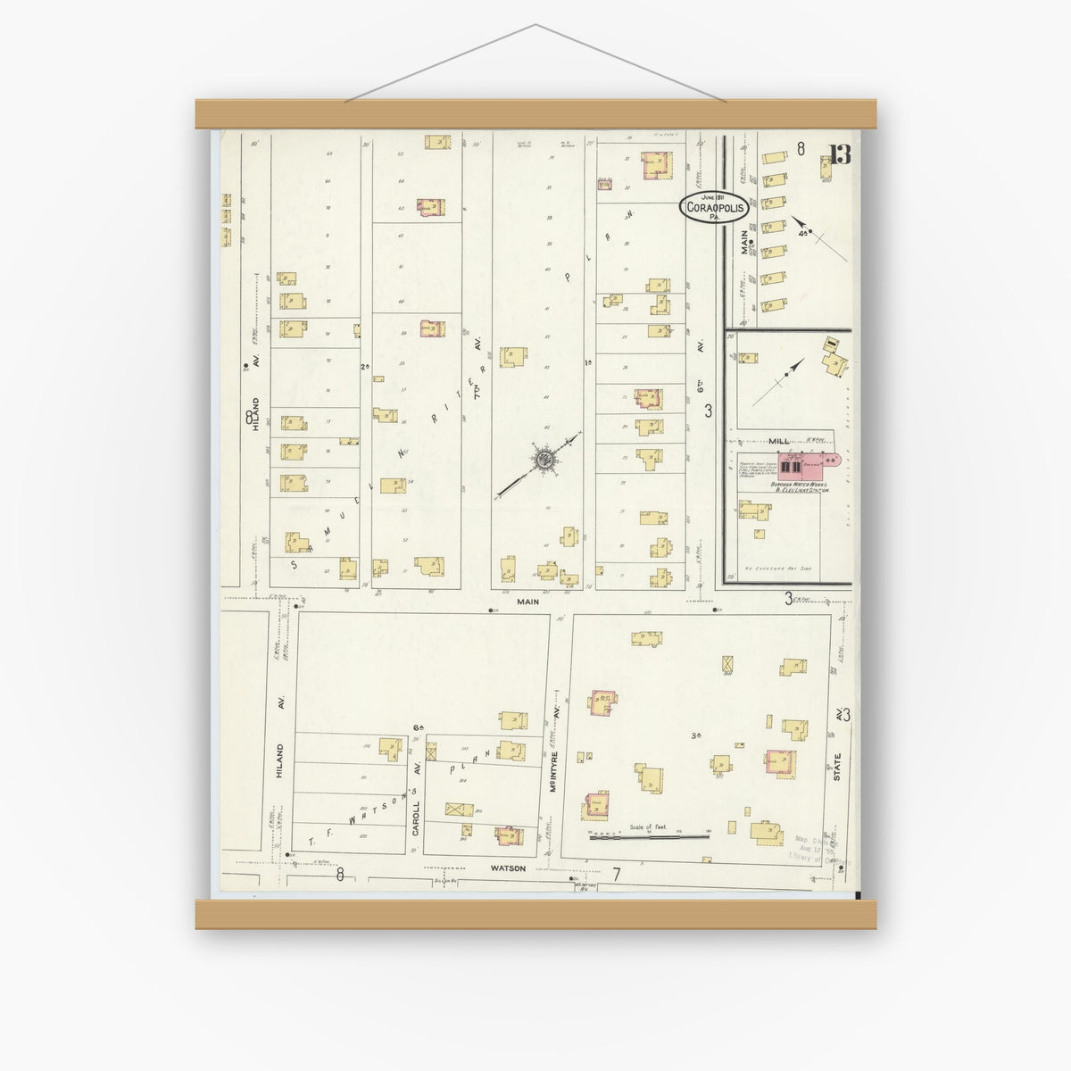 Old map wall art mockup — magnetic wood frame on white wall — Sanborn Fire Insurance Map from Coraopolis, Allegheny County, Pennsylvania (1911), Sheet #0013
