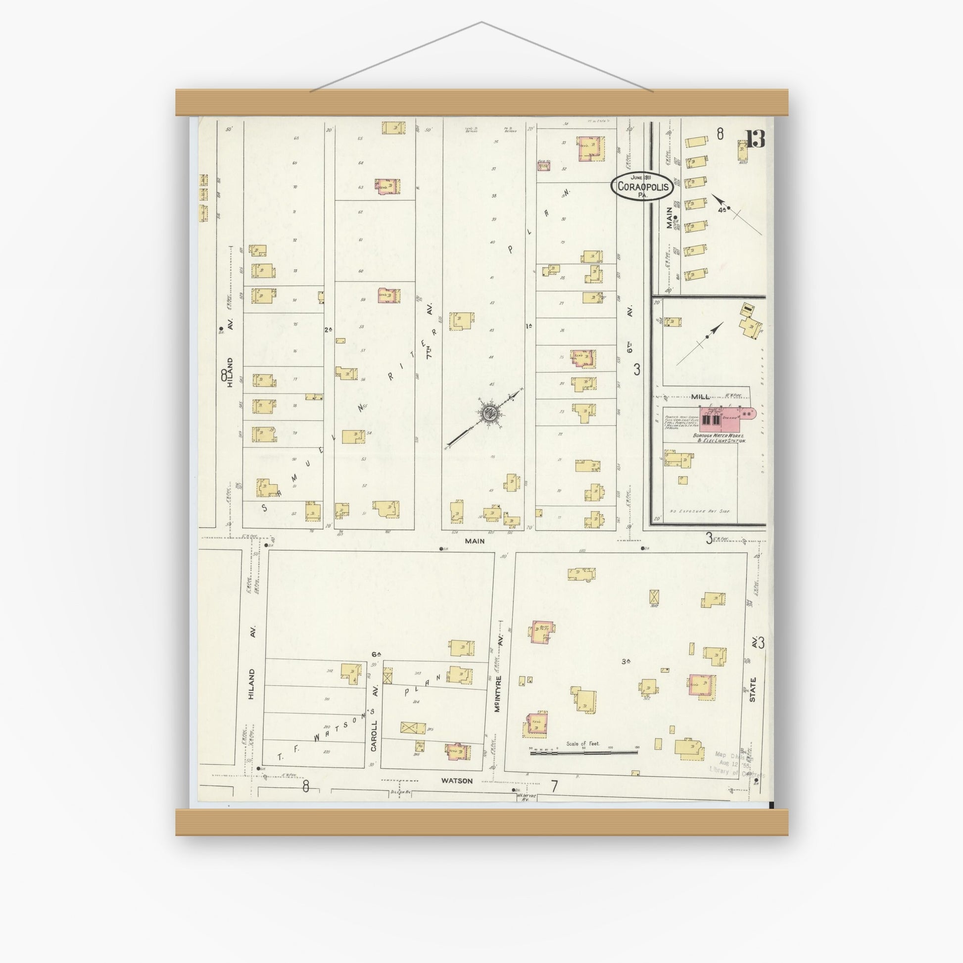 Old map wall art mockup — magnetic wood frame on white wall — Sanborn Fire Insurance Map from Coraopolis, Allegheny County, Pennsylvania (1911), Sheet #0013