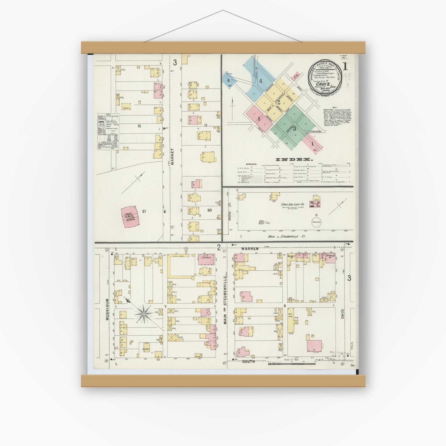 Old map wall art mockup — magnetic wood frame on white wall — Sanborn Fire Insurance Map from Cadiz, Harrison County, Ohio (1897) - Complete Map Set