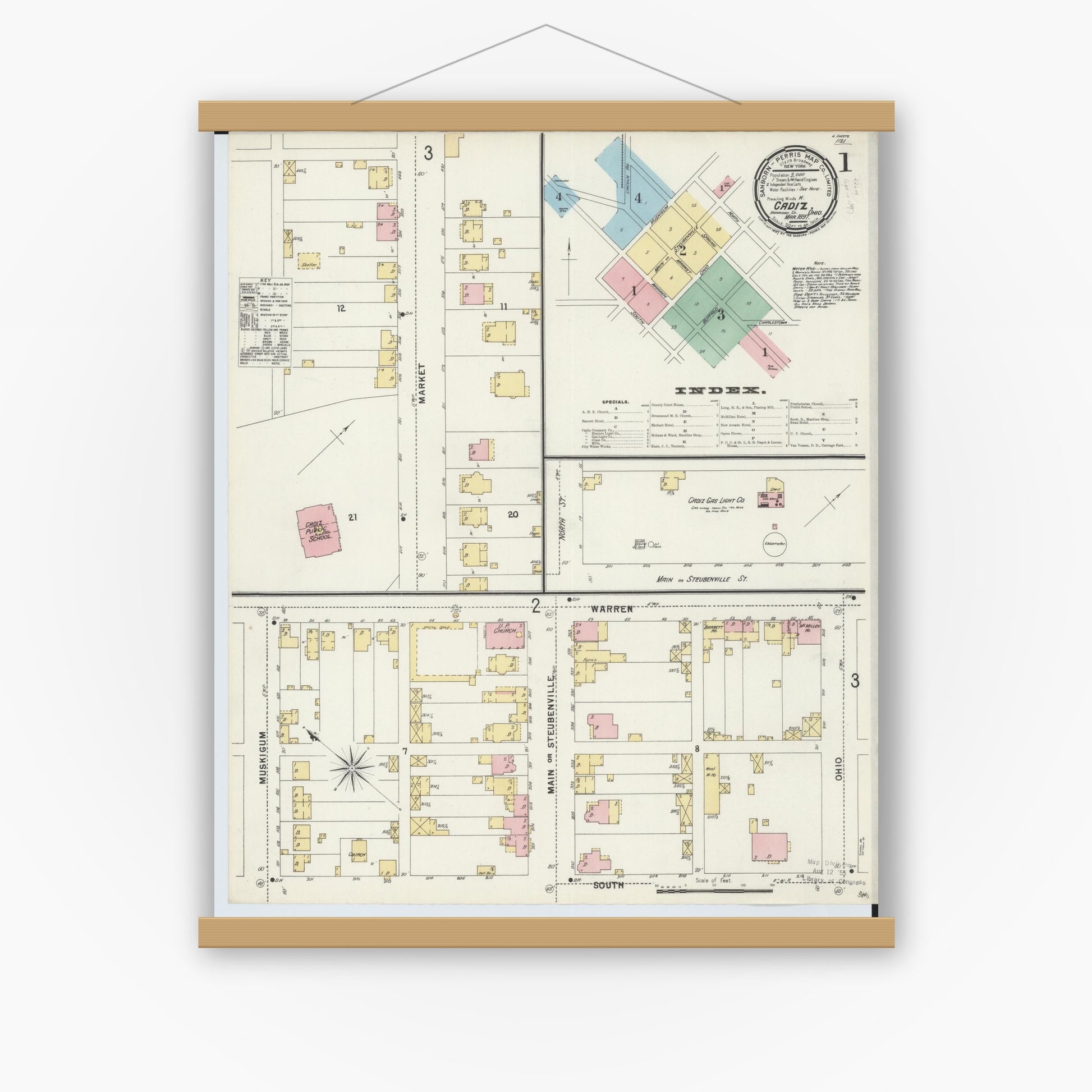 Old map wall art mockup — magnetic wood frame on white wall — Sanborn Fire Insurance Map from Cadiz, Harrison County, Ohio (1897) - Complete Map Set