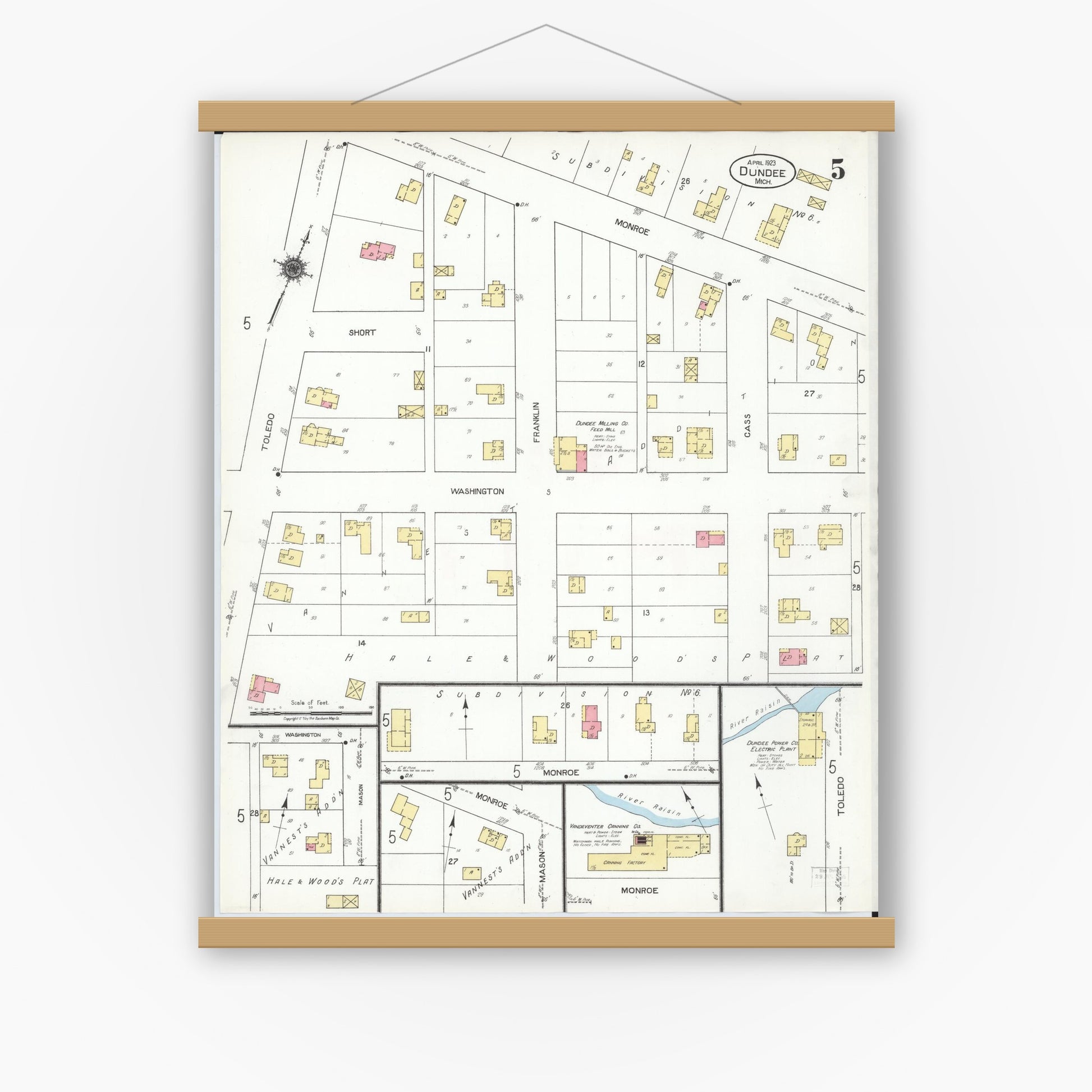 Old map wall art mockup — magnetic wood frame on white wall — Sanborn Fire Insurance Map from Dundee, Monroe County, Michigan (1923), Sheet #0005