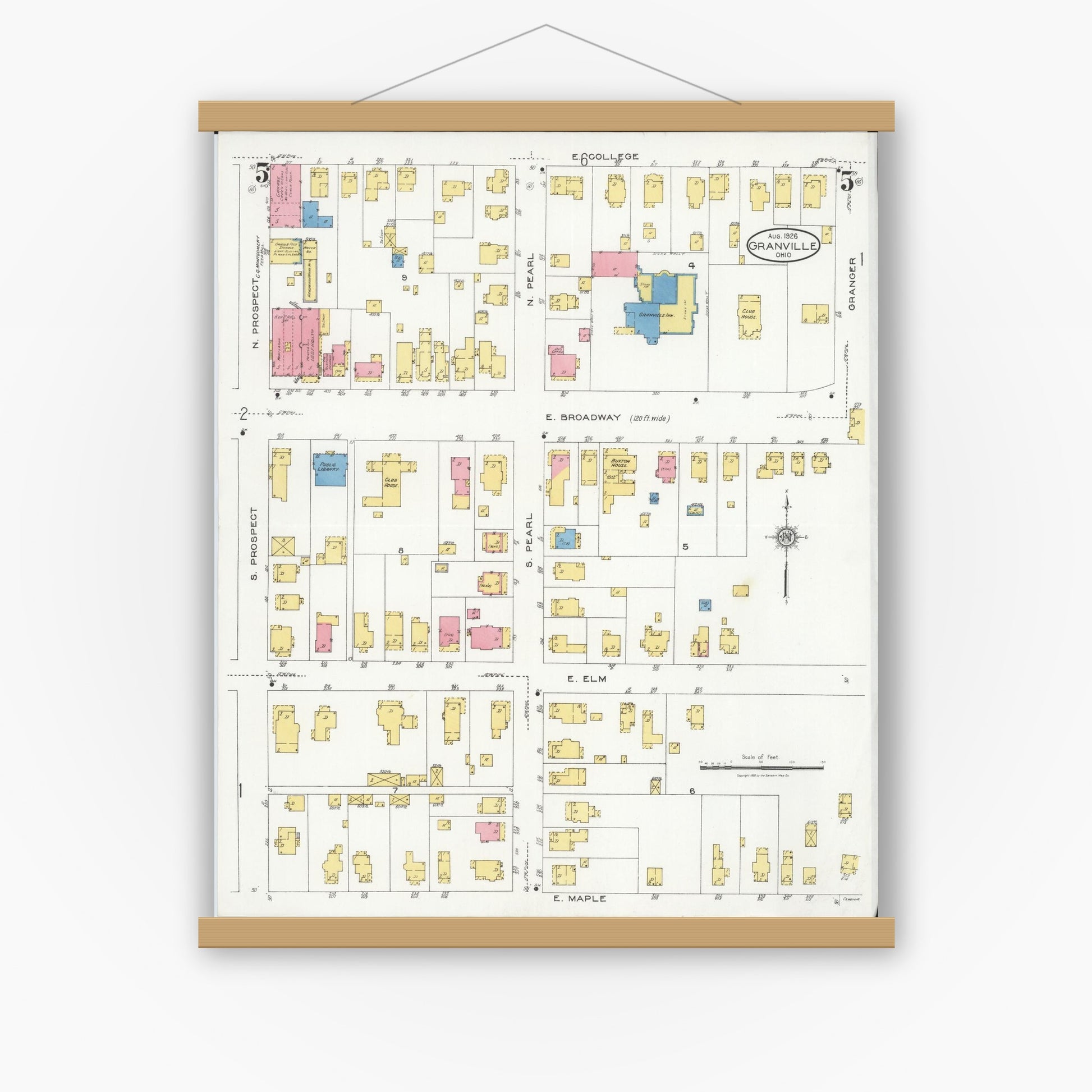 Old map wall art mockup — magnetic wood frame on white wall — Sanborn Fire Insurance Map from Granville, Licking County, Ohio (1926), Sheet #0005