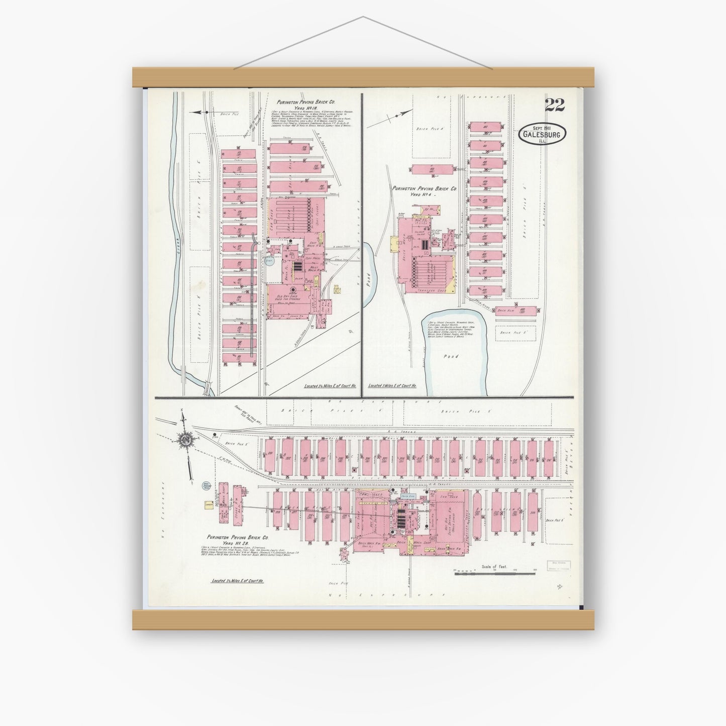 Old map wall art mockup — magnetic wood frame on white wall — Sanborn Fire Insurance Map from Galesburg, Knox County, Illinois (1911), Sheet #0022
