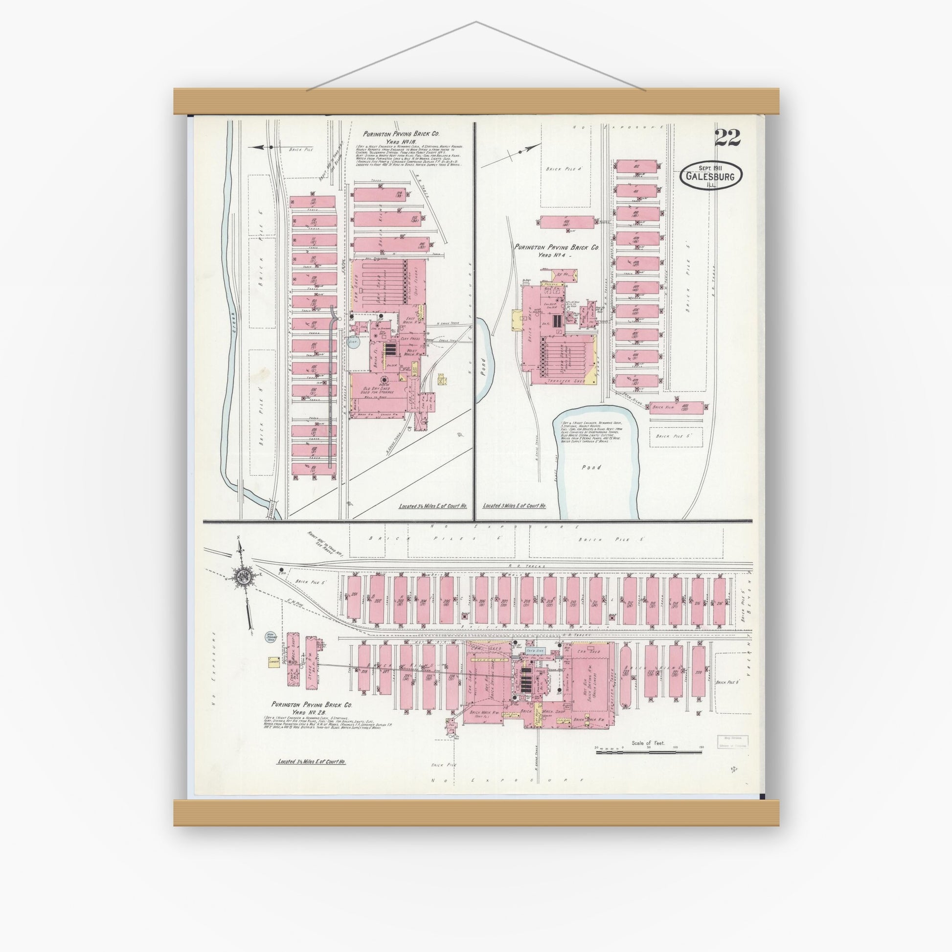 Old map wall art mockup — magnetic wood frame on white wall — Sanborn Fire Insurance Map from Galesburg, Knox County, Illinois (1911), Sheet #0022