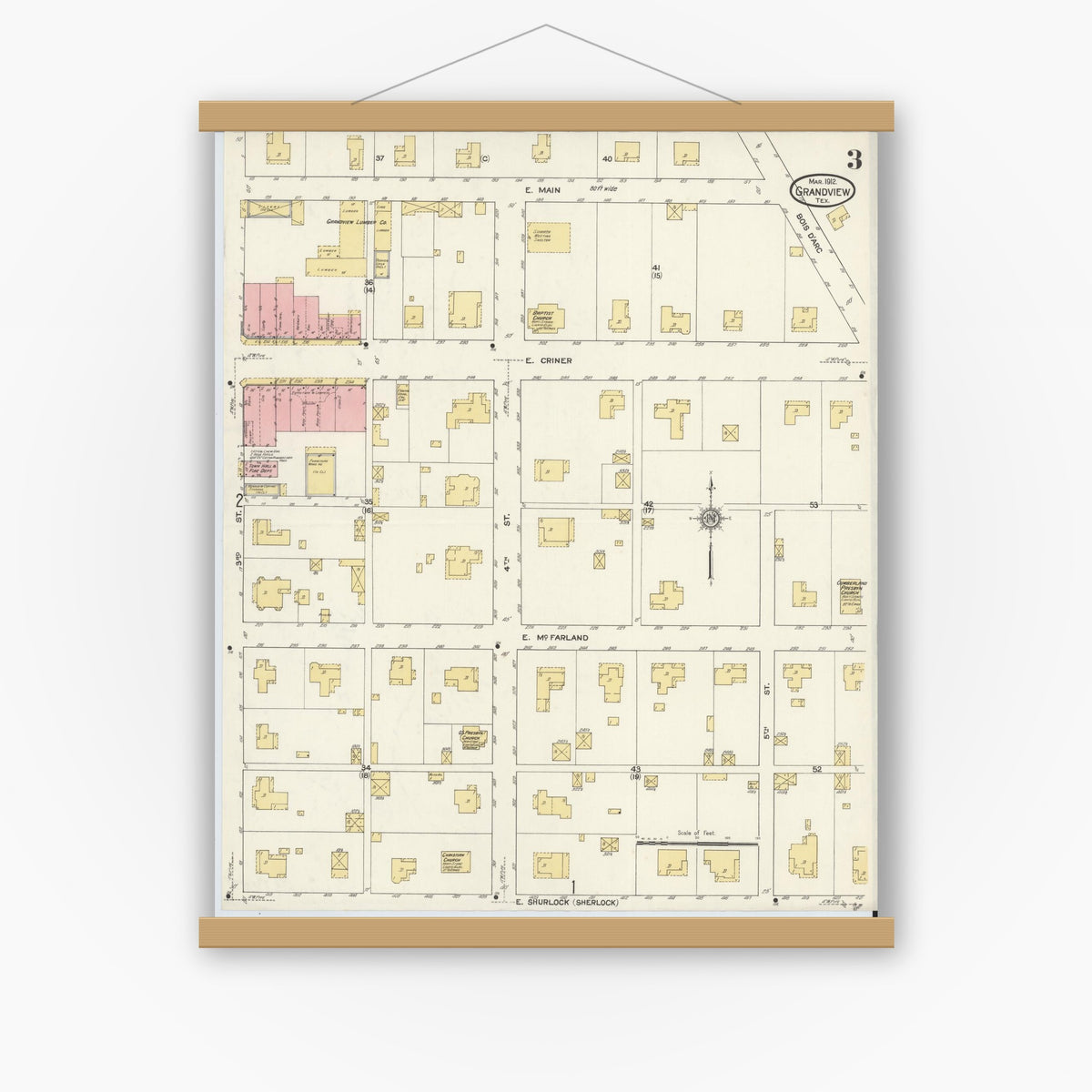 Old map wall art mockup — magnetic wood frame on white wall — Sanborn Fire Insurance Map from Grandview, Johnson County, Texas (1912), Sheet #0003