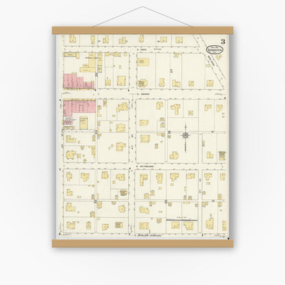 Old map wall art mockup — magnetic wood frame on white wall — Sanborn Fire Insurance Map from Grandview, Johnson County, Texas (1912), Sheet #0003