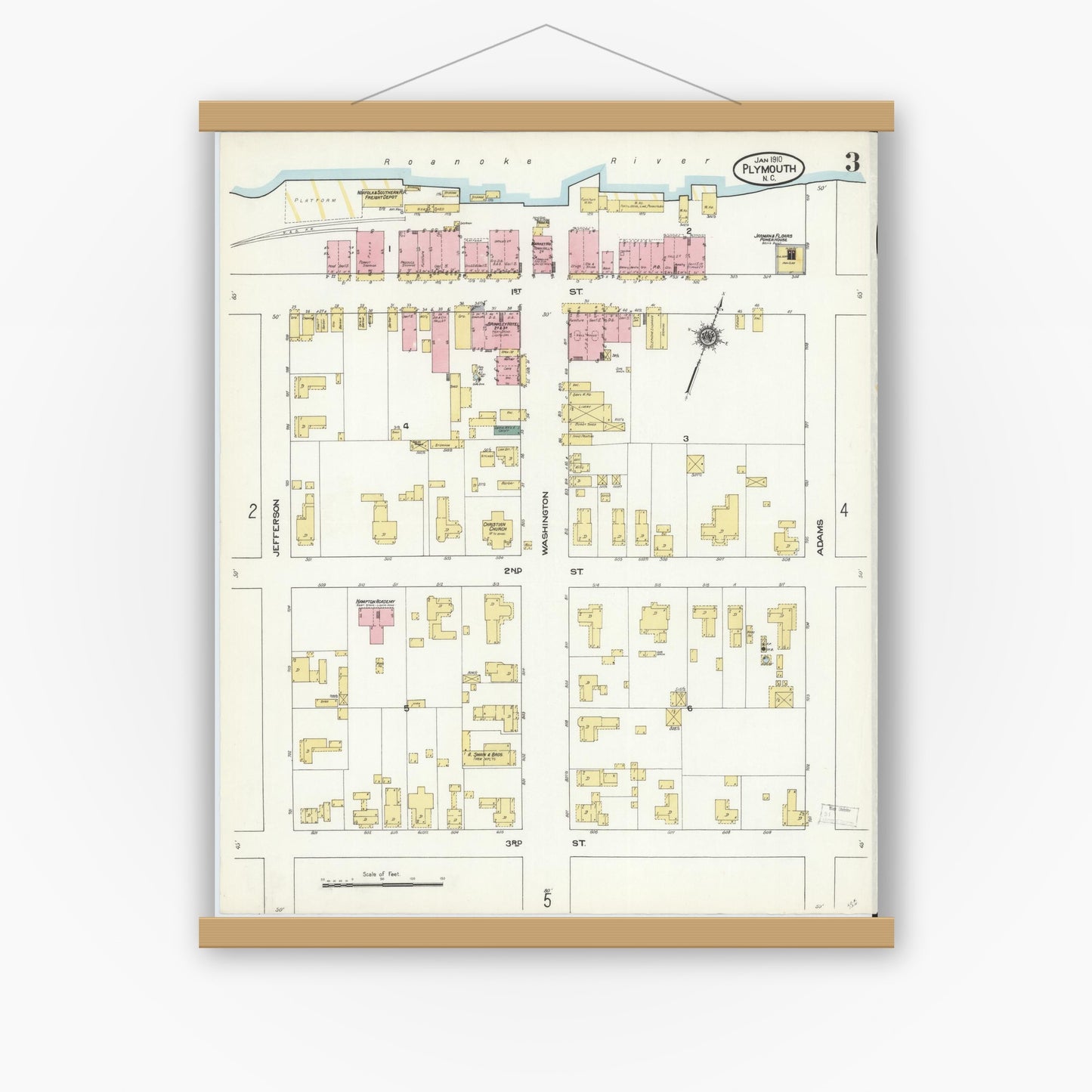 Old map wall art mockup — magnetic wood frame on white wall — Sanborn Fire Insurance Map from Plymouth, Washington County, North Carolina (1910), Sheet #0003