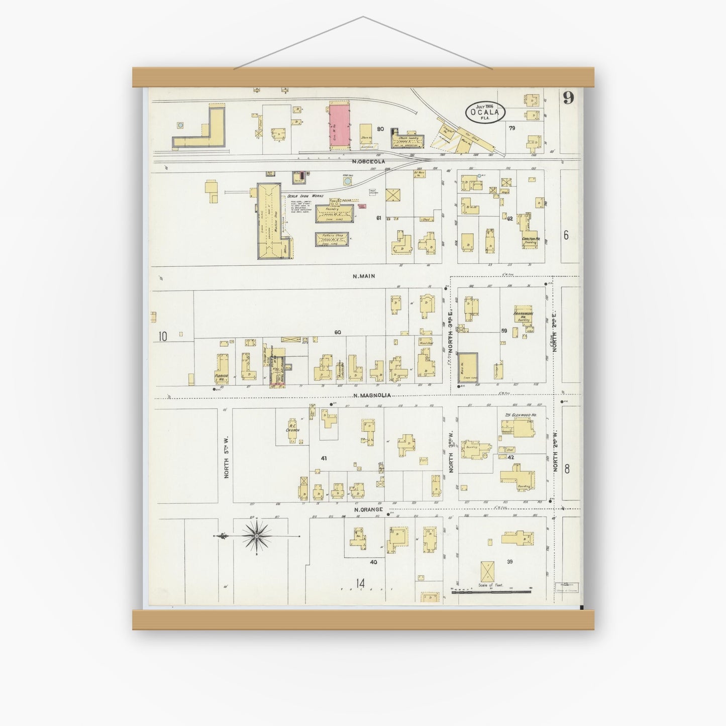 Old map wall art mockup — magnetic wood frame on white wall — Sanborn Fire Insurance Map from Ocala, Marion County, Florida (1906), Sheet #0009