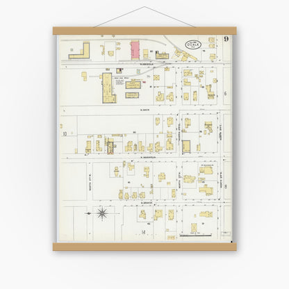 Old map wall art mockup — magnetic wood frame on white wall — Sanborn Fire Insurance Map from Ocala, Marion County, Florida (1906), Sheet #0009