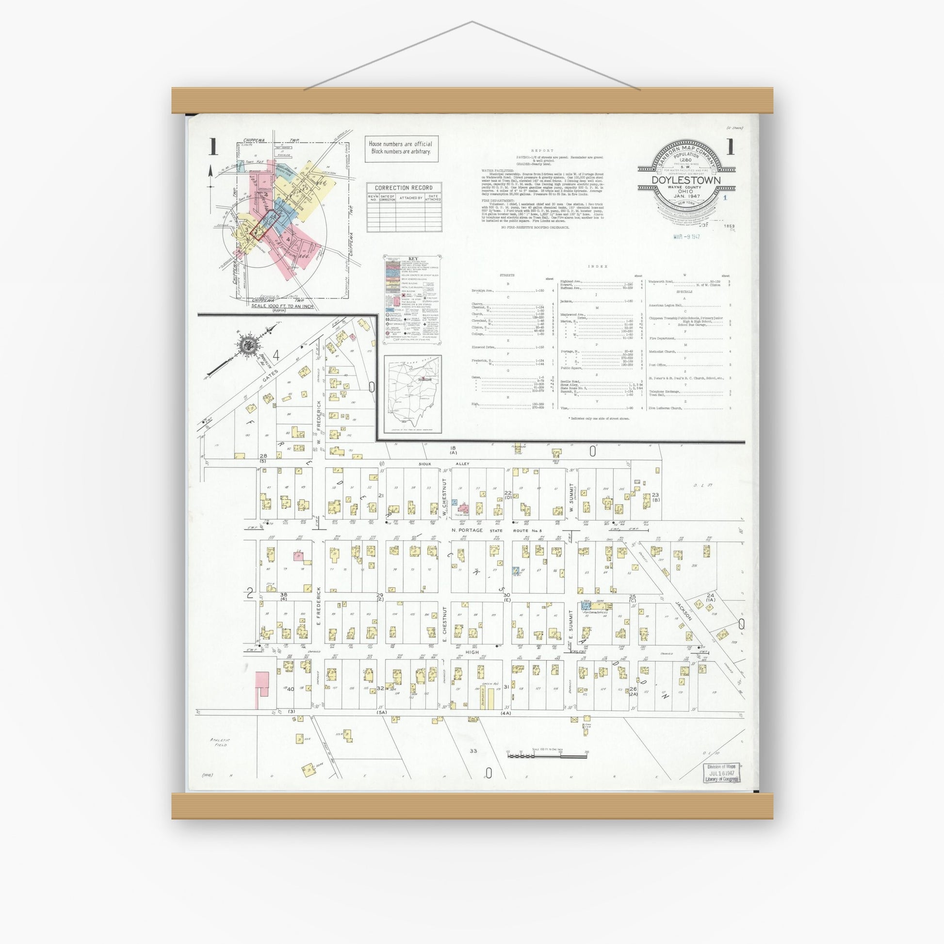 Old map wall art mockup — magnetic wood frame on white wall — Sanborn Fire Insurance Map from Doylestown, Wayne County, Ohio (1947), Sheet #0001