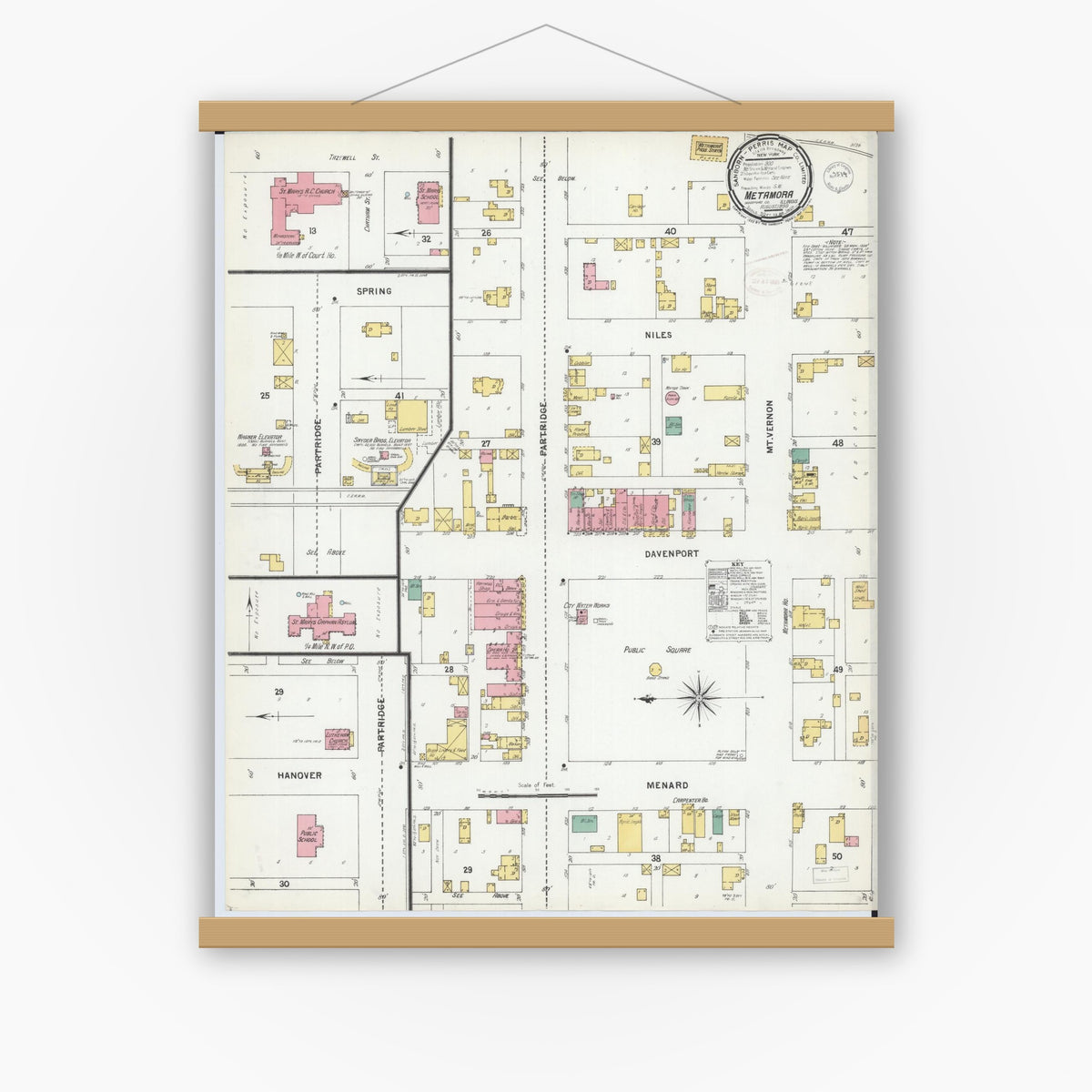 Old map wall art mockup — magnetic wood frame on white wall — Sanborn Fire Insurance Map from Metamora, Woodford County, Illinois (1899), Sheet #0001