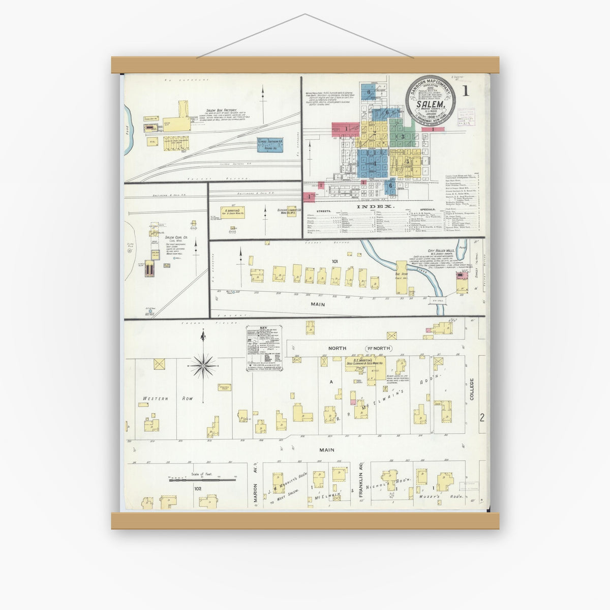 Old map wall art mockup — magnetic wood frame on white wall — Sanborn Fire Insurance Map from Salem, Marion County, Illinois (1908), Sheet #0001