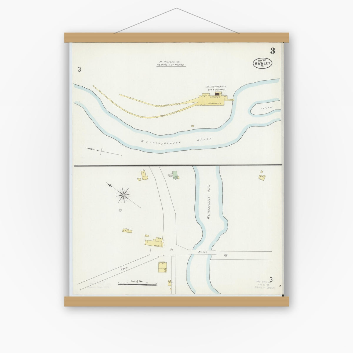 Old map wall art mockup — magnetic wood frame on white wall — Sanborn Fire Insurance Map from Hawley, Wayne County, Pennsylvania (1897), Sheet #0003