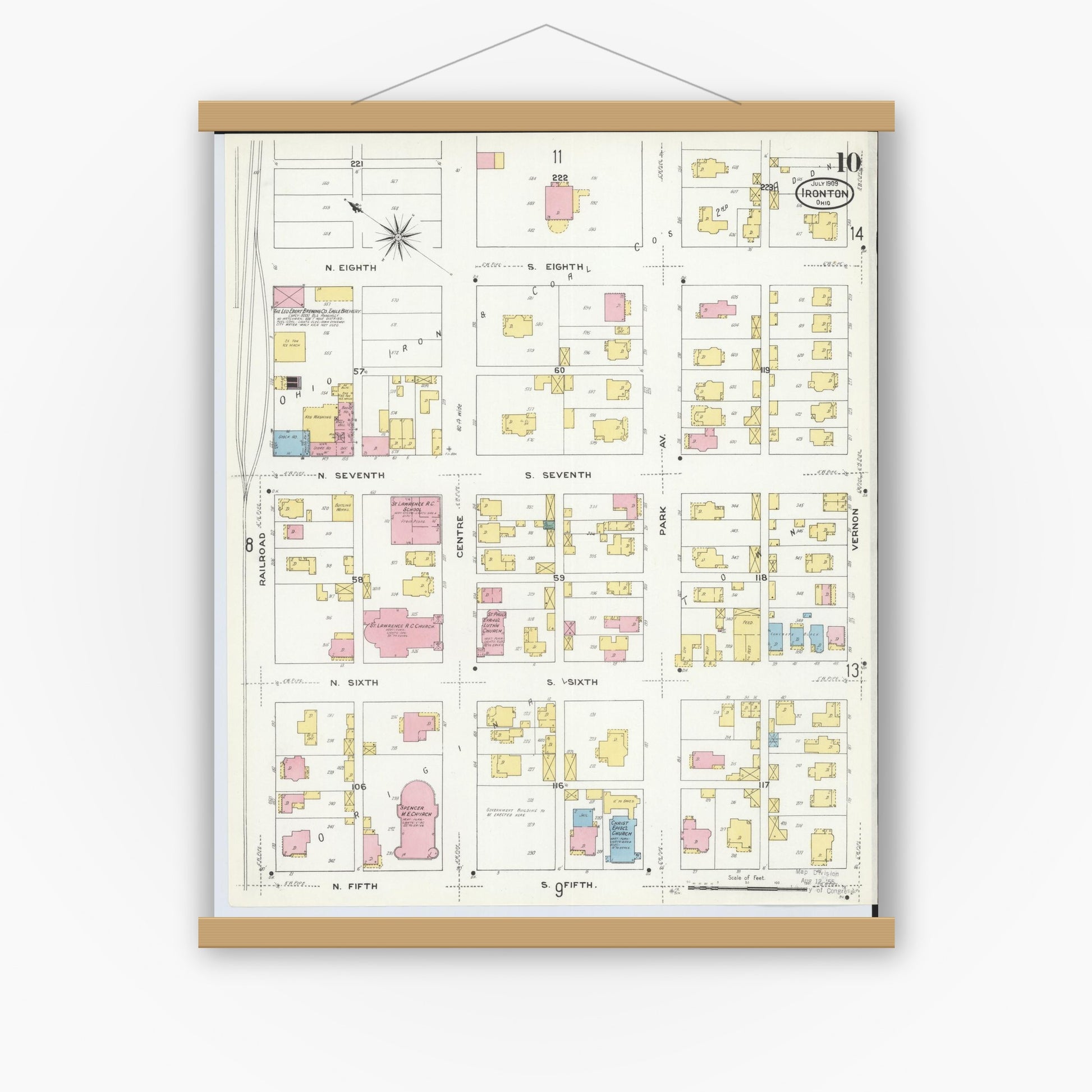 Old map wall art mockup — magnetic wood frame on white wall — Sanborn Fire Insurance Map from Ironton, Lawrence County, Ohio (1909), Sheet #0010
