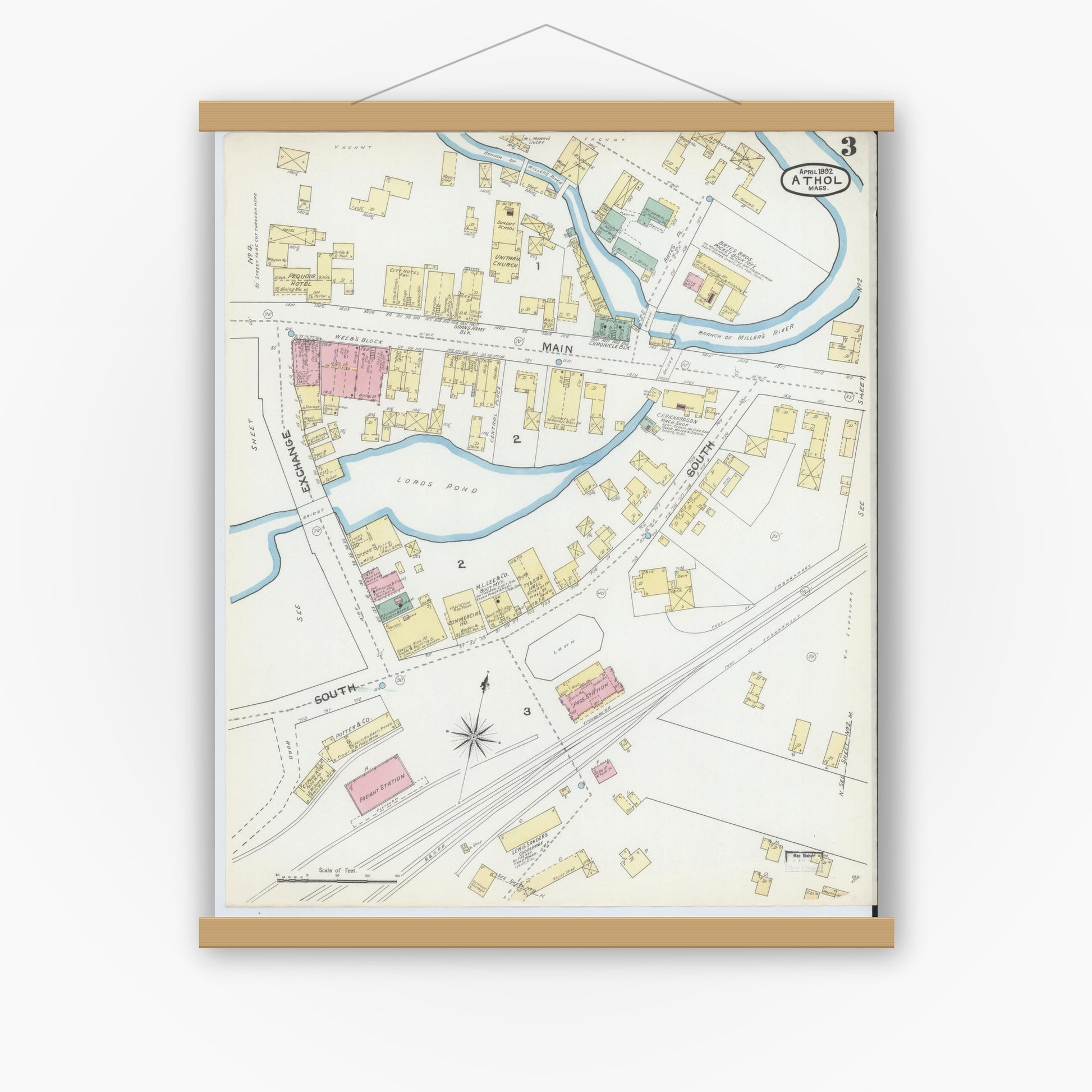 Old map wall art mockup — magnetic wood frame on white wall — Sanborn Fire Insurance Map from Athol, Worcester County, Massachusetts (1892), Sheet #0003