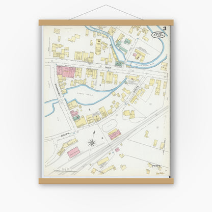 Old map wall art mockup — magnetic wood frame on white wall — Sanborn Fire Insurance Map from Athol, Worcester County, Massachusetts (1892), Sheet #0003