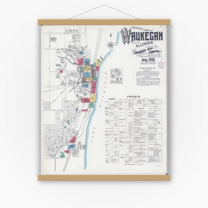 Old map wall art mockup — magnetic wood frame on white wall — Sanborn Fire Insurance Map from Waukegan, Lake County, Illinois (1906) - Complete Map Set