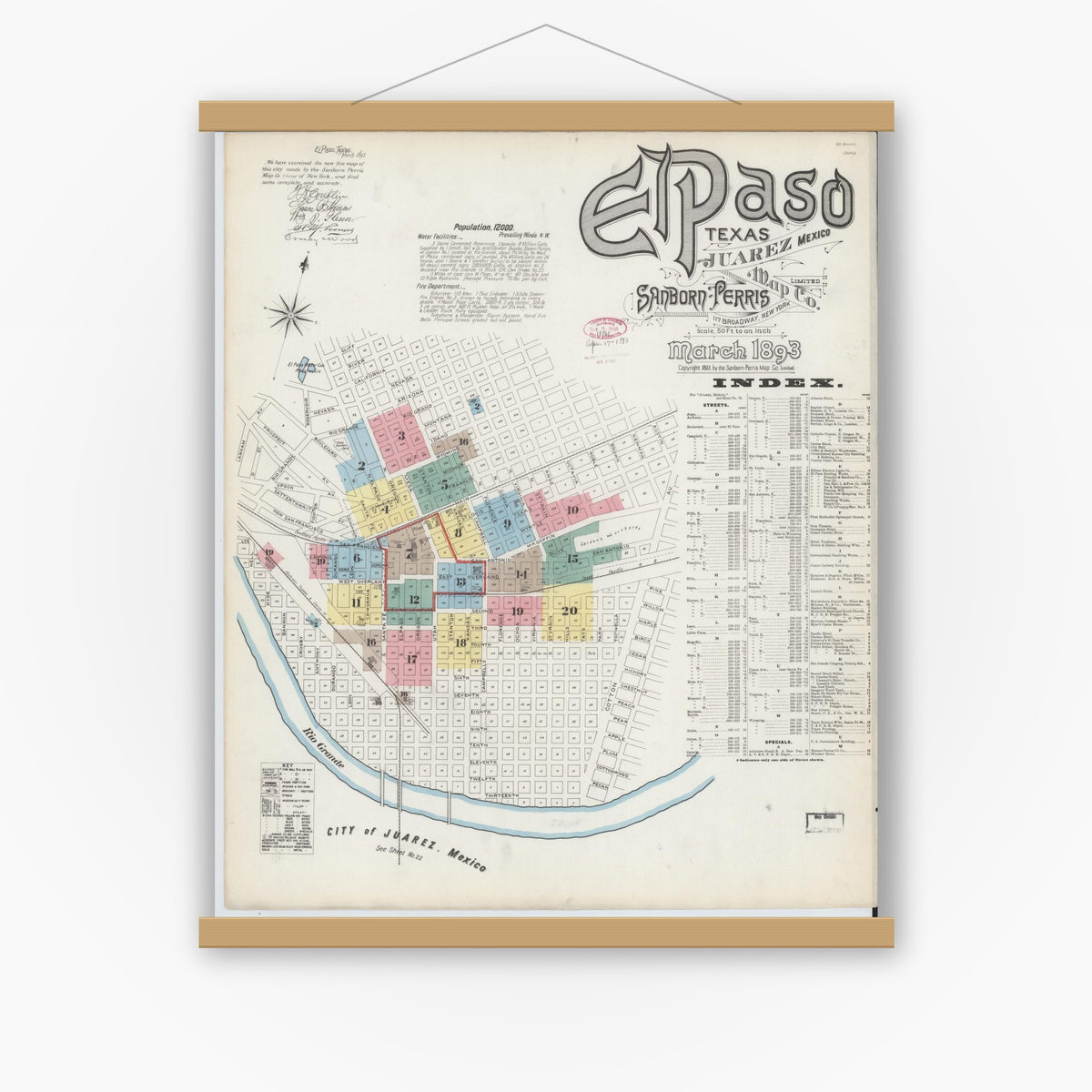 Old map wall art mockup — magnetic wood frame on white wall — Sanborn Fire Insurance Map from El Paso, El Paso County, Texas (1893), Sheet #0001