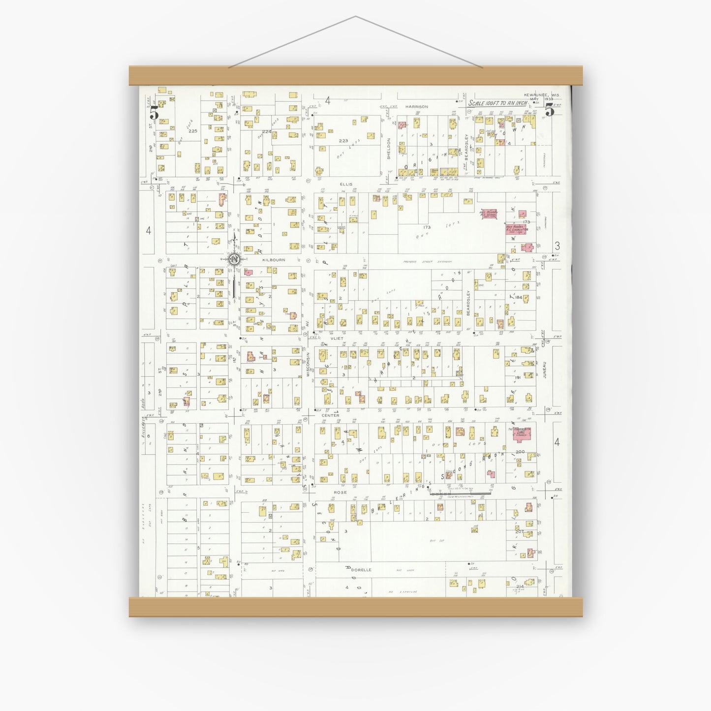Old map wall art mockup — magnetic wood frame on white wall — Sanborn Fire Insurance Map from Kewaunee, Kewaunee County, Wisconsin (1933), Sheet #0005