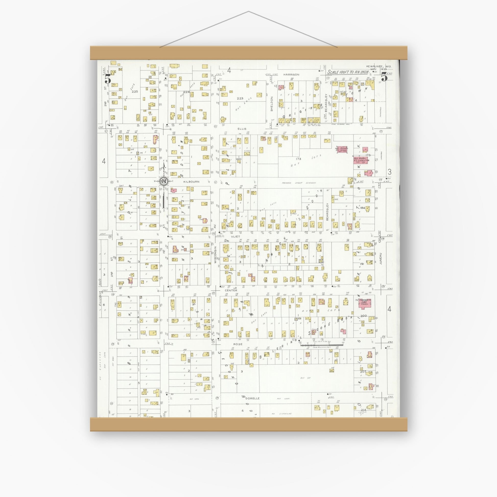 Old map wall art mockup — magnetic wood frame on white wall — Sanborn Fire Insurance Map from Kewaunee, Kewaunee County, Wisconsin (1933), Sheet #0005