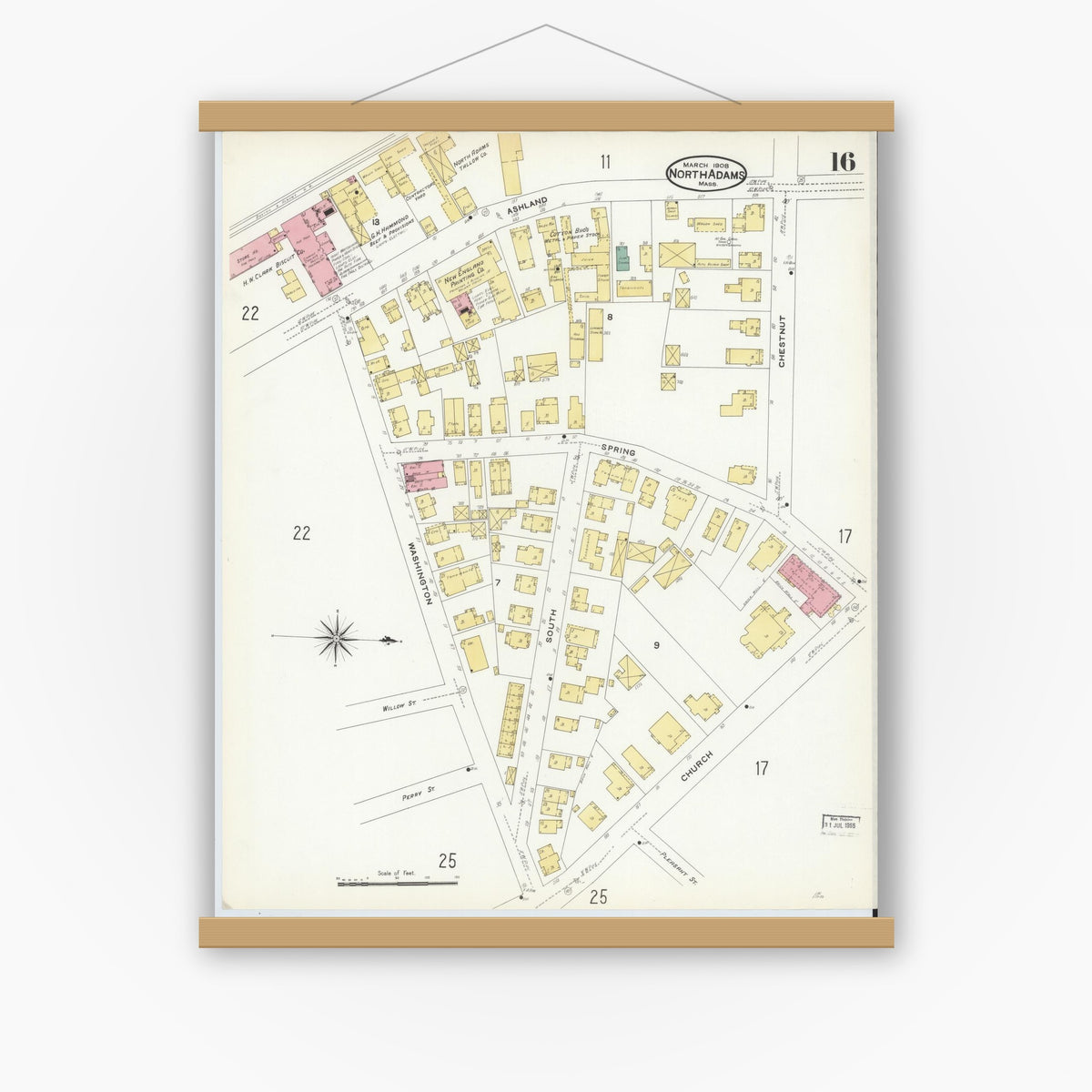 Old map wall art mockup — magnetic wood frame on white wall — Sanborn Fire Insurance Map from North Adams, Berkshire County, Massachusetts (1908), Sheet #0016