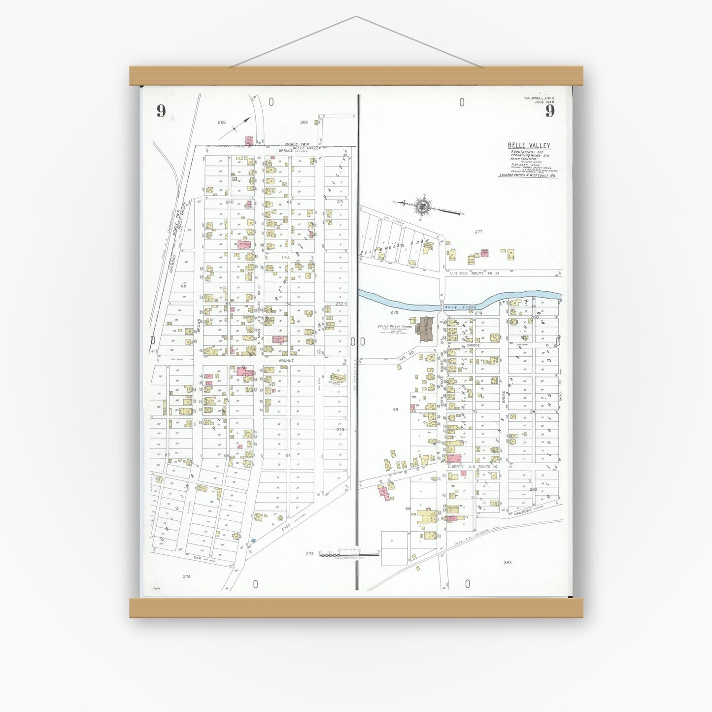Old map wall art mockup — magnetic wood frame on white wall — Sanborn Fire Insurance Map from Caldwell, Noble County, Ohio (1948), Sheet #0009